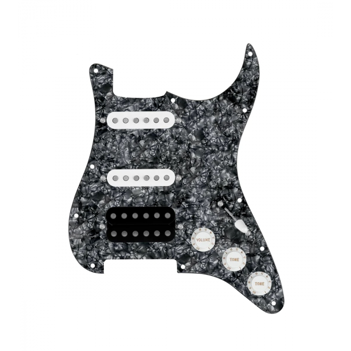 920D Custom HSS Loaded Pickguard For Strat With An Uncovered Cool Kids Humbucker, White Texas Grit Pickups, Black Knobs, and Black Pearl Pickguard