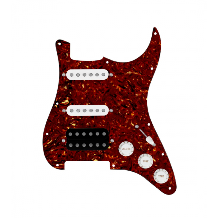 920D Custom HSS Loaded Pickguard For Strat With An Uncovered Cool Kids Humbucker, White Texas Grit Pickups, Black Knobs, and Tortoise Pickguard
