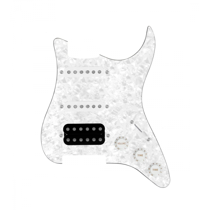 920D Custom HSS Loaded Pickguard For Strat With An Uncovered Cool Kids Humbucker, White Texas Grit Pickups, Black Knobs, and White Pearl Pickguard