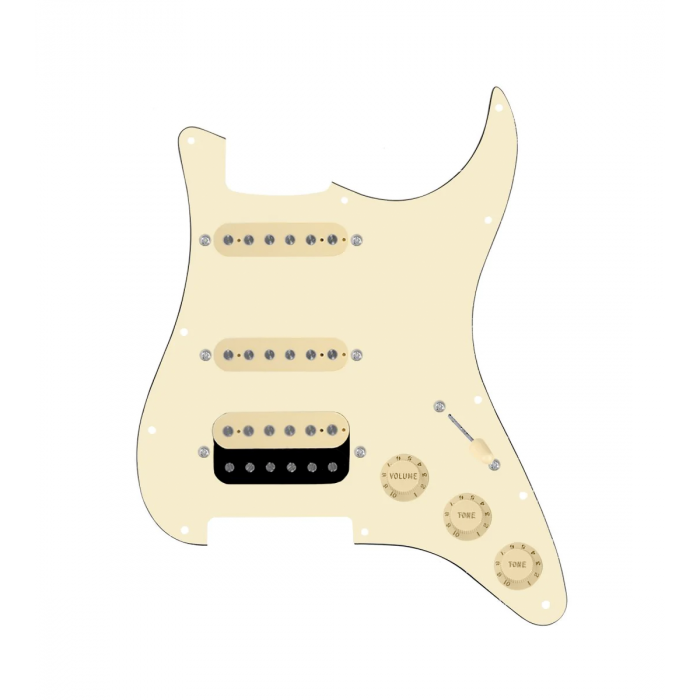 920D Custom HSS Loaded Pickguard For Strat With An Uncovered Roughneck Humbucker, Aged White Texas Growler Pickups, Black Knobs, and Aged White Pickguard