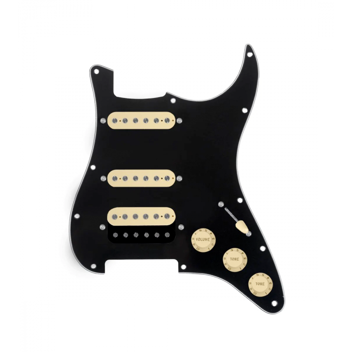 920D Custom HSS Loaded Pickguard For Strat With An Uncovered Roughneck Humbucker, Aged White Texas Growler Pickups, Black Knobs, and Black Pickguard