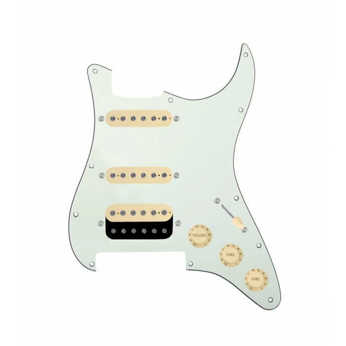 920D Custom HSS Loaded Pickguard For Strat With An Uncovered Roughneck Humbucker, Aged White Texas Growler Pickups, Black Knobs, and Mint Green Pickguard