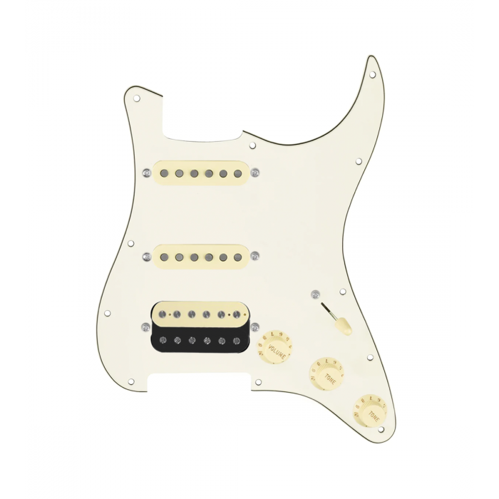 920D Custom HSS Loaded Pickguard For Strat With An Uncovered Roughneck Humbucker, Aged White Texas Growler Pickups, Black Knobs, and Parchment Pickguard
