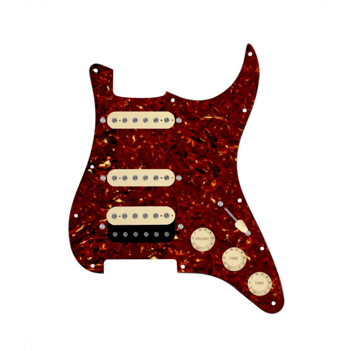 920D Custom HSS Loaded Pickguard For Strat With An Uncovered Roughneck Humbucker, Aged White Texas Growler Pickups, Black Knobs, and Tortoise Pickguard