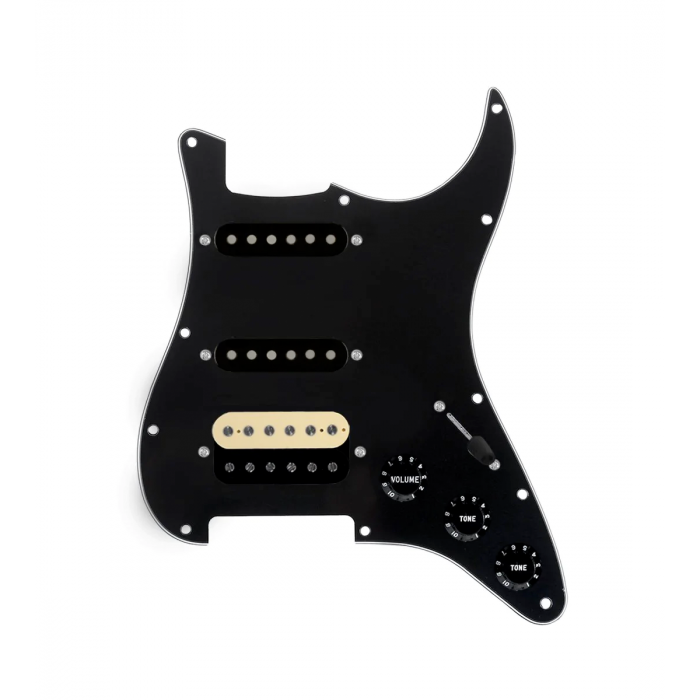 920D Custom HSS Loaded Pickguard For Strat With An Uncovered Roughneck Humbucker, Black Texas Growler Pickups, Black Knobs, and Black Pickguard