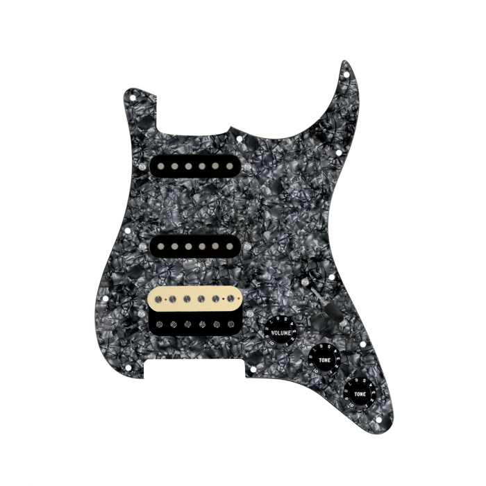 920D Custom HSS Loaded Pickguard For Strat With An Uncovered Roughneck Humbucker, Black Texas Growler Pickups, Black Knobs, and Black Pearl Pickguard
