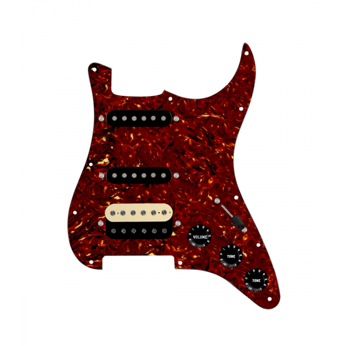 920D Custom HSS Loaded Pickguard For Strat With An Uncovered Roughneck Humbucker, Black Texas Growler Pickups, Black Knobs, and Tortoise Pickguard