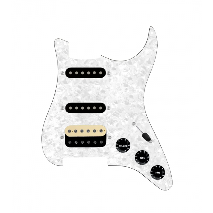 920D Custom HSS Loaded Pickguard For Strat With An Uncovered Roughneck Humbucker, Black Texas Growler Pickups, Black Knobs, and White Pearl Pickguard