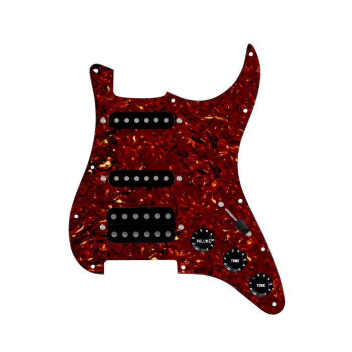 920D Custom HSS Loaded Pickguard For Strat With An Uncovered Smoothie Humbucker, Black Texas Vintage Pickups, Black Knobs, and Tortoise Pickguard