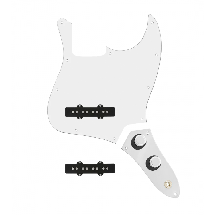 920D Custom Jazz Bass Loaded Pickguard With Drive (Hot) Pickups, White Pickguard, and JB-CON-CH-BK-T Control Plate