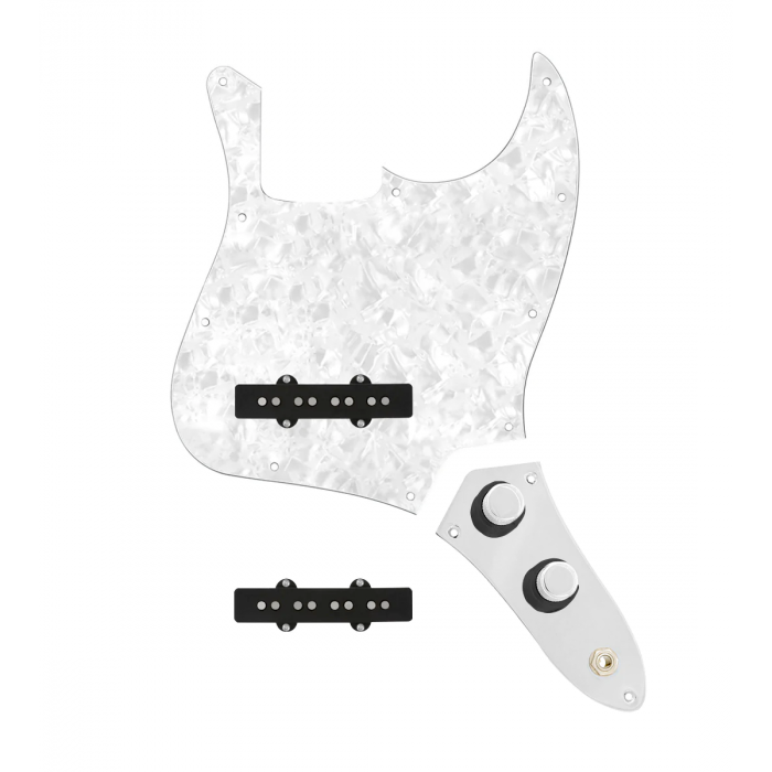 920D Custom Jazz Bass Loaded Pickguard With Drive (Hot) Pickups, White Pearl Pickguard, and JB-CON-CH-BK-T Control Plate