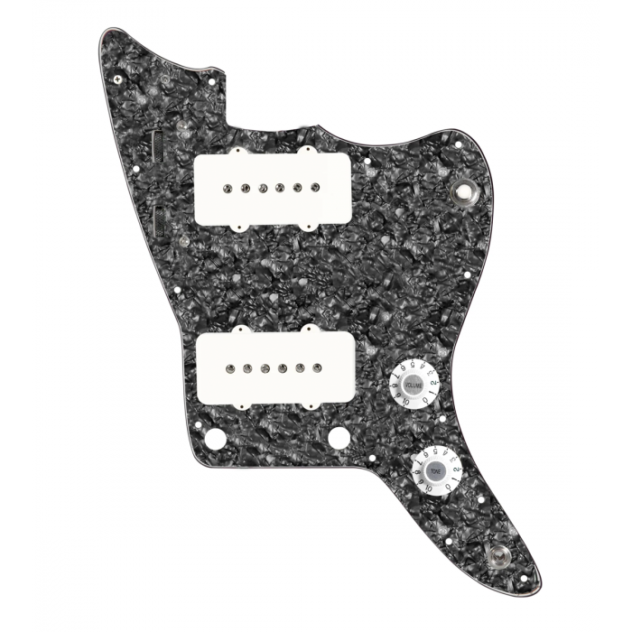 920D Custom JM Grit Loaded Pickguard for Jazzmaster With White Pickups and Knobs ,  Black Pearl Pickguard, and JMH-V Wiring Harness