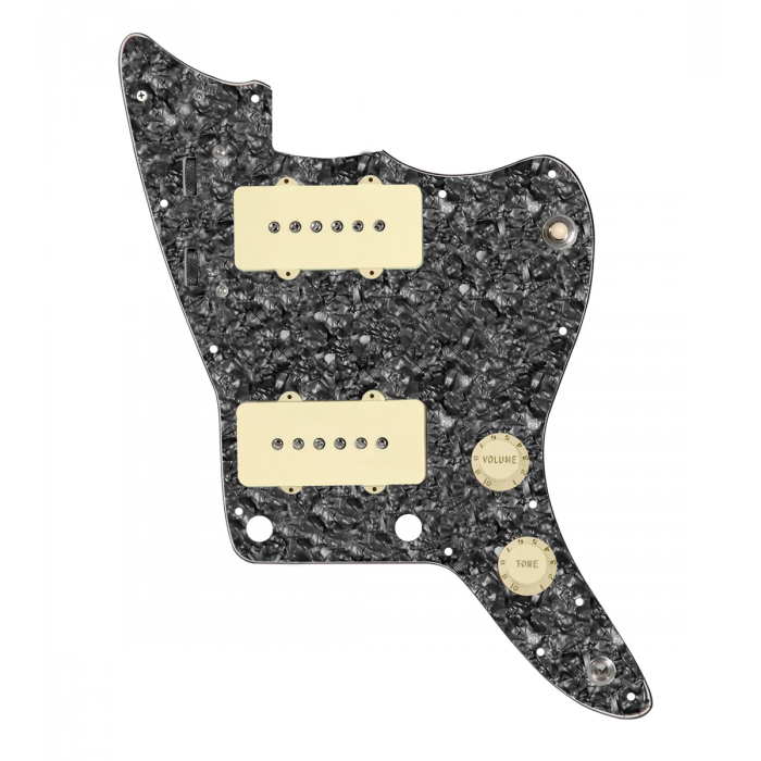 920D Custom JM Vintage Loaded Pickguard for Jazzmaster With Aged White Pickups and Knobs, Black Pearl Pickguard, and JMH-V Wiring Harness