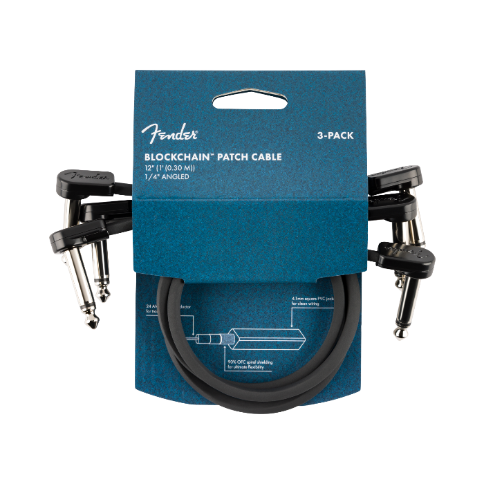 Fender Blockchain 12" Pedal Patch Cables, 3-pack, Angle/Angle