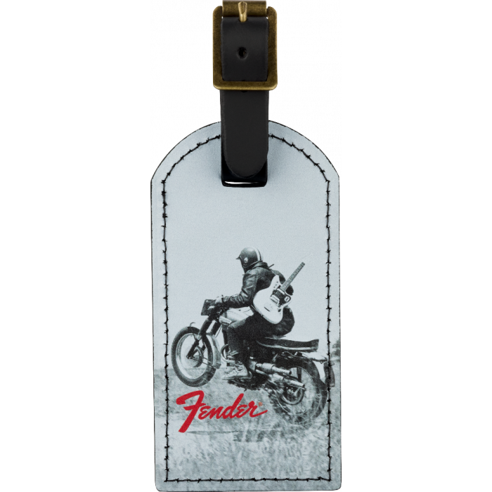  Genuine Fender Guitars Vintage Ad Luggage/Suitcase Tag, Motorcycle Rider