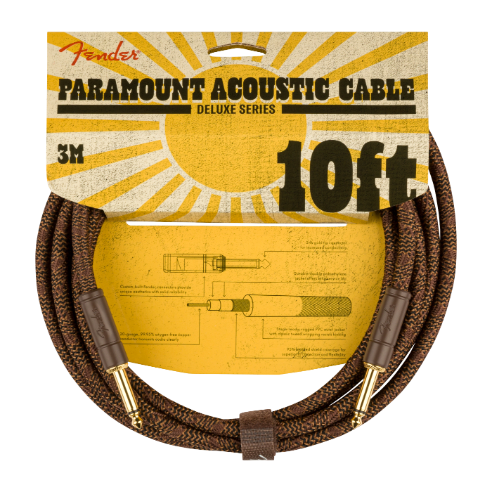 Genuine Fender Paramount Acoustic Guitar Instrument Guitar Cable, Brown, 10' ft