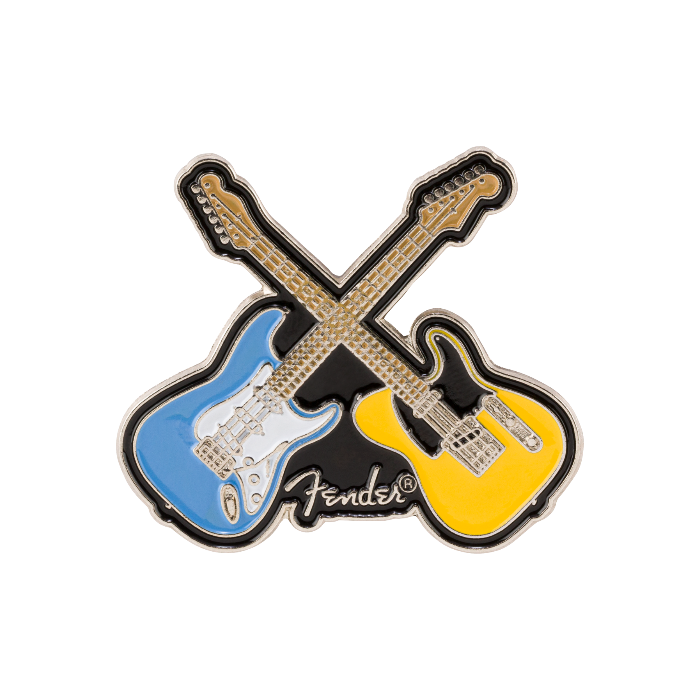 Genuine Fender Crossed Guitars Enamel Pin Gift, Blue/Yellow