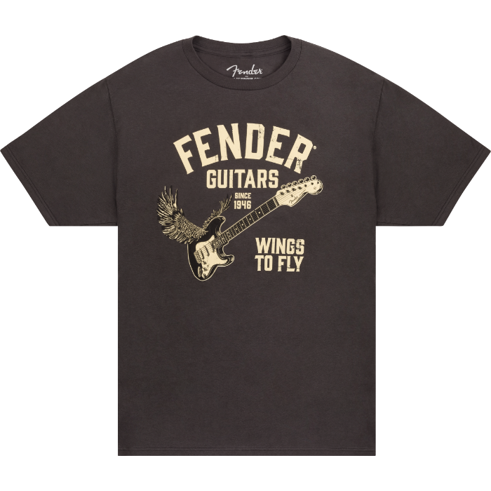 Fender Guitars Wings To Fly Tee T-Shirt, Vintage Black, L, LARGE