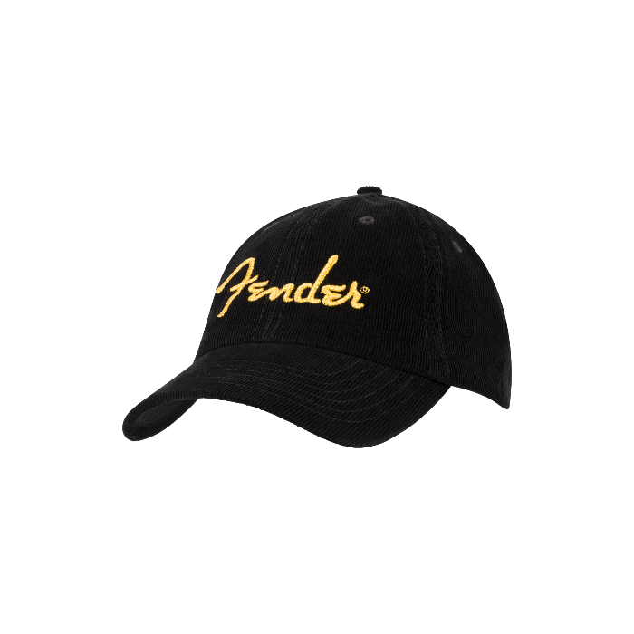 Fender Guitars Gold Spaghetti Logo Corduroy Baseball Hat, Black, One Size