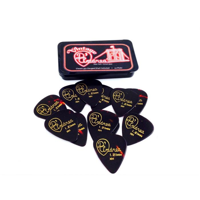 D'Andrea 351 Shape Extra Heavy Shell Guitar Picks - 12 Pack with Collectible Tin