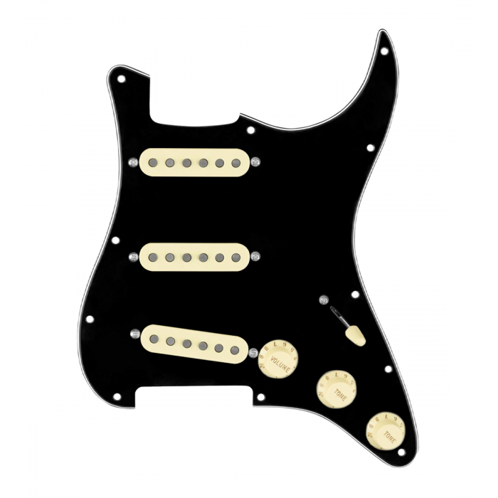 920D Custom Generation  Loaded Pickguard For Strat With Aged White Pickups and Knobs, Black Pickguard For Strat, and S5W-BL-V Wiring Harness