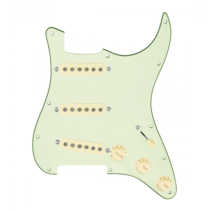 920D Custom Generation  Loaded Pickguard For Strat With Aged White Pickups and Knobs, Mint Green Pickguard For Strat, and S5W-BL-V Wiring Harness