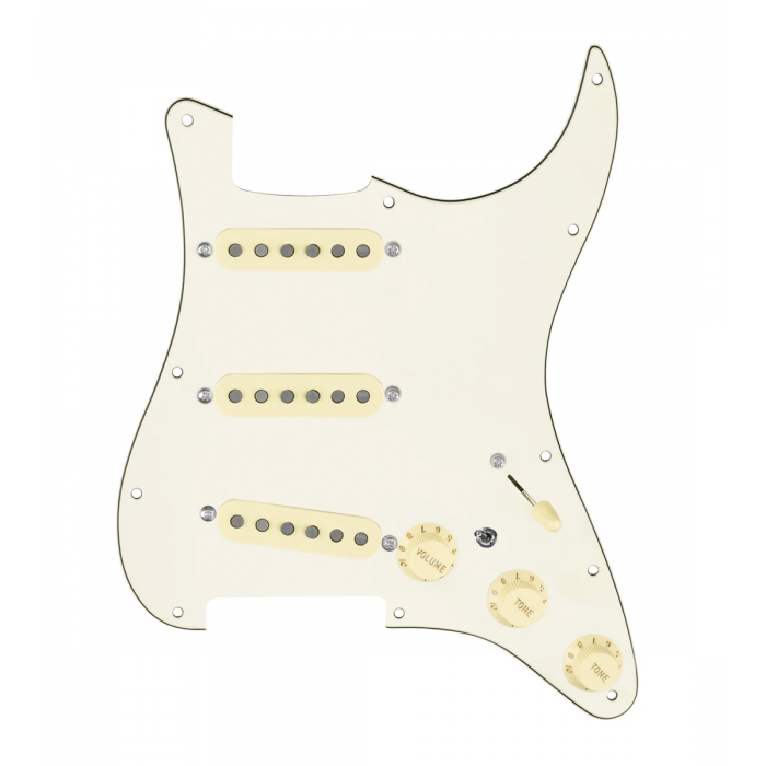 920D Custom Generation  Loaded Pickguard For Strat With Aged White Pickups and Knobs, Parchment Pickguard For Strat, and S7W-MT Wiring Harness