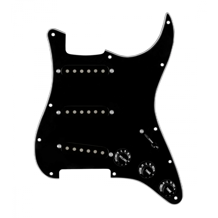 920D Custom Generation  Loaded Pickguard For Strat With Black Pickups and Knobs, Black Pickguard For Strat, and S5W-BL-V Wiring Harness