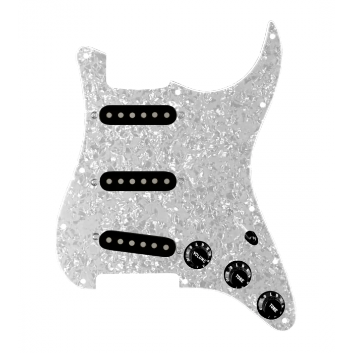 920D Custom Generation  Loaded Pickguard For Strat With Black Pickups and Knobs, White Pearl Pickguard For Strat, and S5W-BL-V Wiring Harness