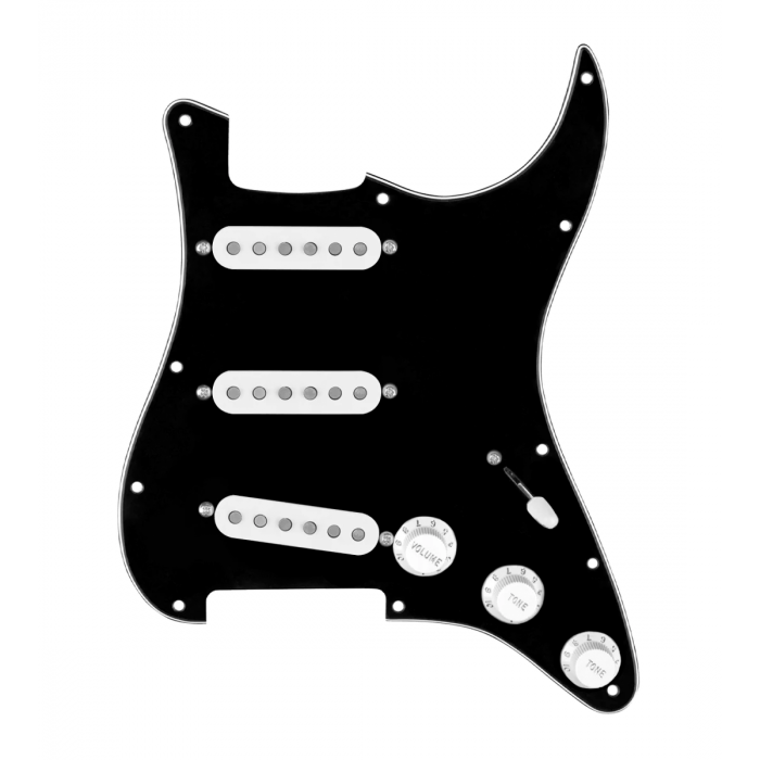 920D Custom Generation  Loaded Pickguard For Strat With White Pickups and Knobs, Black Pickguard For Strat, and S5W-BL-V Wiring Harness