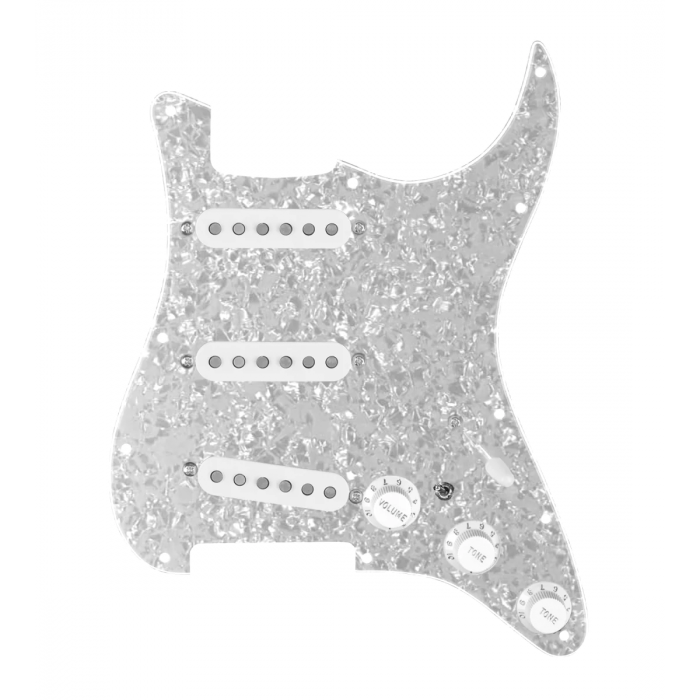 920D Custom Generation  Loaded Pickguard For Strat With White Pickups and Knobs, White Pearl Pickguard For Strat, and S7W-MT Wiring Harness