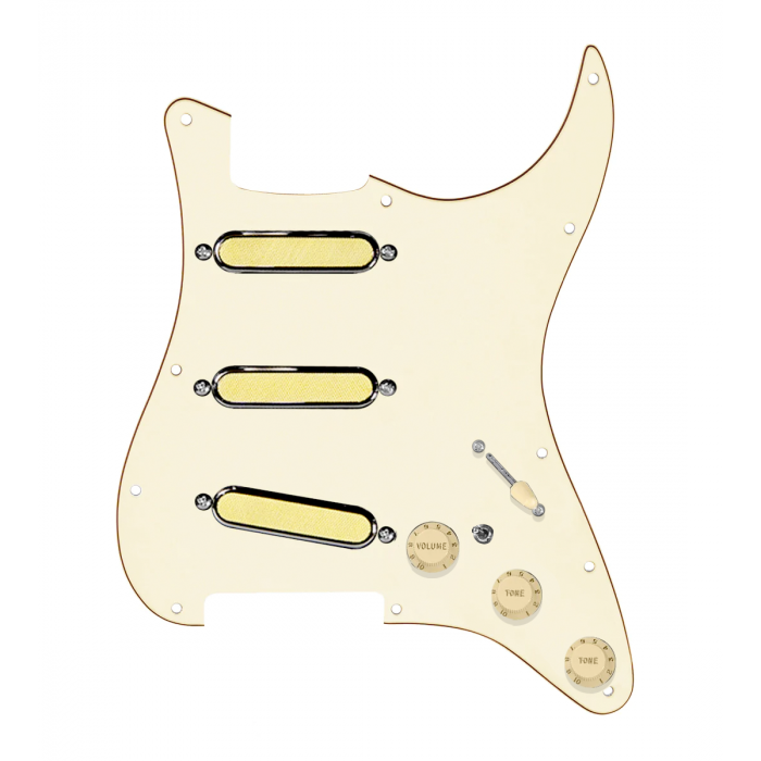 920D Custom Gold Foil Loaded Pickguard For Strat With Aged White Pickups and Knobs, Aged White Pickguard For Strat, and S7W-MT Wiring Harness