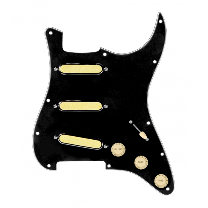 920D Custom Gold Foil Loaded Pickguard For Strat With Aged White Pickups and Knobs, Black Pickguard For Strat, and S5W-BL-V Wiring Harness