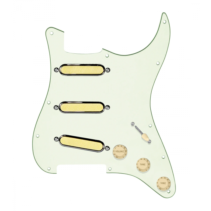 920D Custom Gold Foil Loaded Pickguard For Strat With Aged White Pickups and Knobs, Mint Green Pickguard For Strat, and S5W-BL-V Wiring Harness