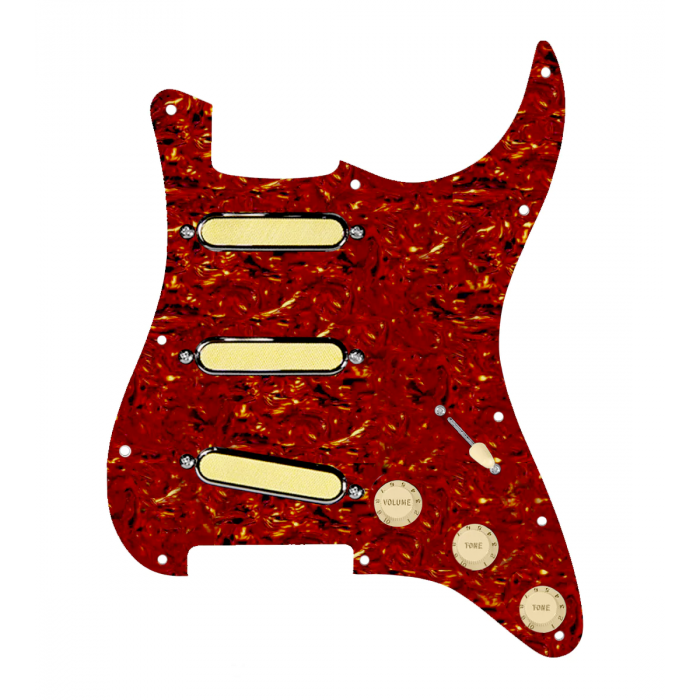 920D Custom Gold Foil Loaded Pickguard For Strat With Aged White Pickups and Knobs, Tortoise Pickguard For Strat, and S5W-BL-V Wiring Harness