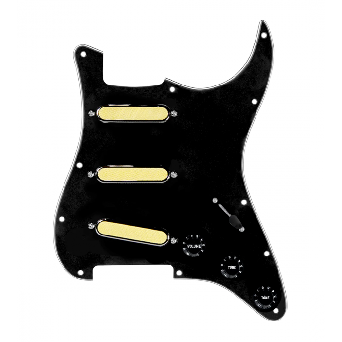 920D Custom Gold Foil Loaded Pickguard For Strat With Black Pickups and Knobs, Black Pickguard For Strat, and S5W Wiring Harness