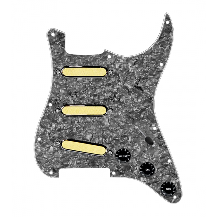 920D Custom Gold Foil Loaded Pickguard For Strat With Black Pickups and Knobs, Black Pearl Pickguard For Strat, and S5W-BL-V Wiring Harness