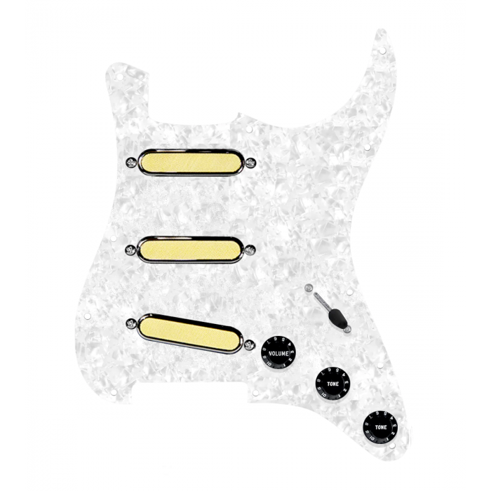 920D Custom Gold Foil Loaded Pickguard For Strat With Black Pickups and Knobs, White Pearl Pickguard For Strat, and S5W-BL-V Wiring Harness