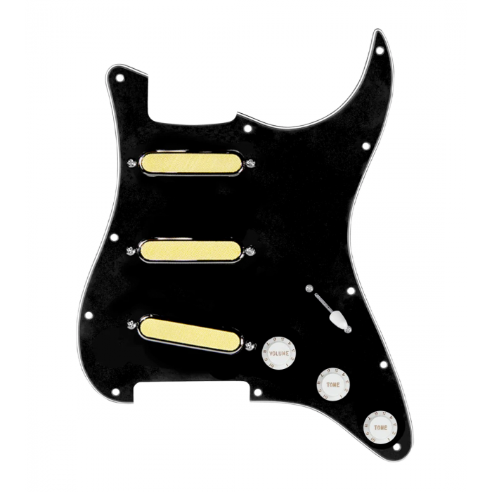 920D Custom Gold Foil Loaded Pickguard For Strat With White Pickups and Knobs, Black Pickguard For Strat, and S5W-BL-V Wiring Harness