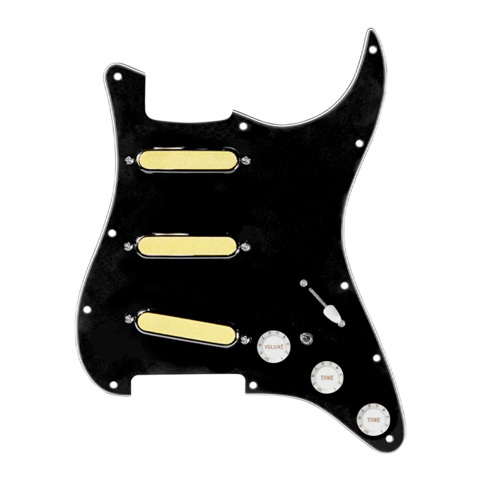 920D Custom Gold Foil Loaded Pickguard For Strat With White Pickups and Knobs, Black Pickguard For Strat, and S7W-MT Wiring Harness