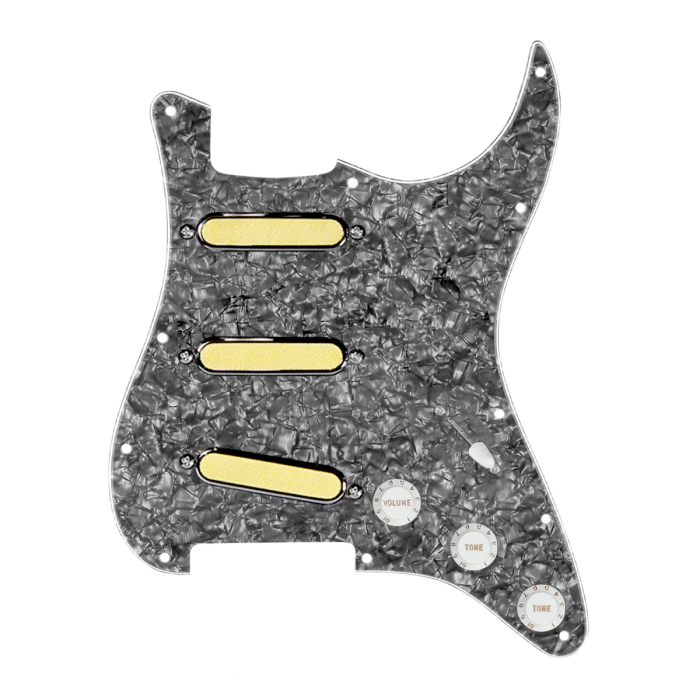 920D Custom Gold Foil Loaded Pickguard For Strat With White Pickups and Knobs, Black Pearl Pickguard For Strat, and S5W Wiring Harness