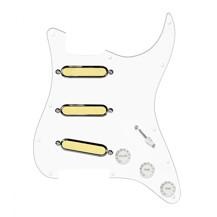 920D Custom Gold Foil Loaded Pickguard For Strat With White Pickups and Knobs, White Pickguard For Strat, and S5W-BL-V Wiring Harness