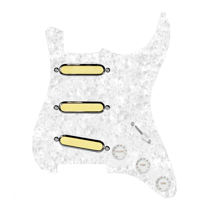 920D Custom Gold Foil Loaded Pickguard For Strat With White Pickups and Knobs, White Pearl Pickguard For Strat, and S5W Wiring Harness