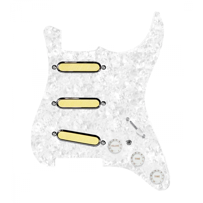 920D Custom Gold Foil Loaded Pickguard For Strat With White Pickups and Knobs, White Pearl Pickguard For Strat, and S7W-MT Wiring Harness