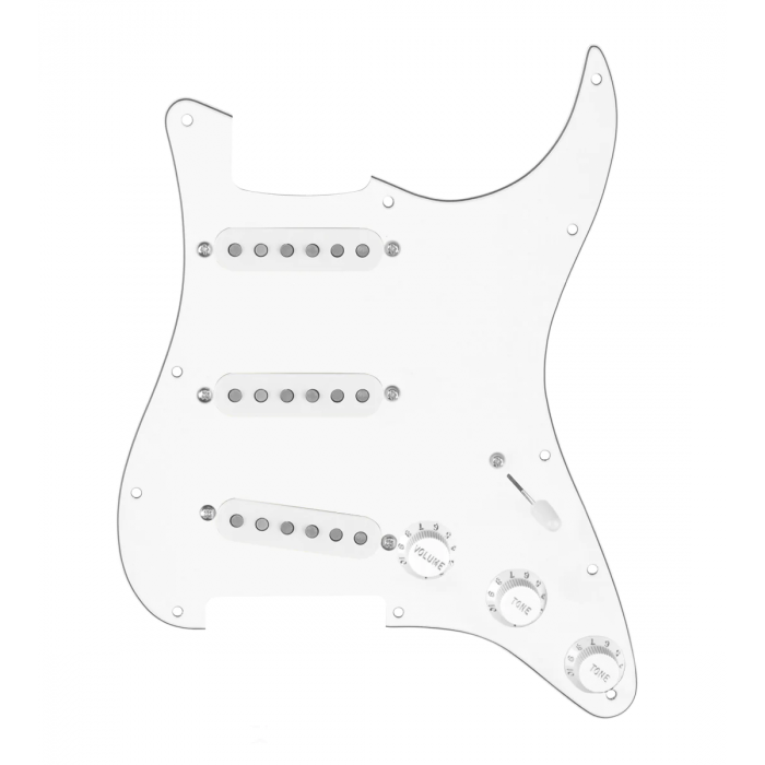 920D Custom Vintage American Loaded Pickguard for Strat With 3-Way-Bleed Switching and Reverse Angle Bridge, White Pickups, White Pickguard, and S3W Hazy Wiring Harness