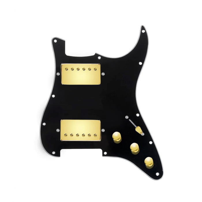 920D Custom Hipster Heaven HH Loaded Pickguard for Strat With Gold Cool Kids Humbuckers, Black Pickguard, and S3W-HH Wiring Harness
