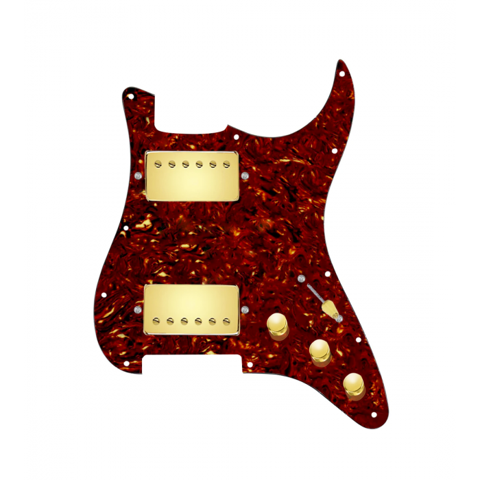 920D Custom Hipster Heaven HH Loaded Pickguard for Strat With Gold Cool Kids Humbuckers, Tortoise Pickguard, and S3W-HH Wiring Harness