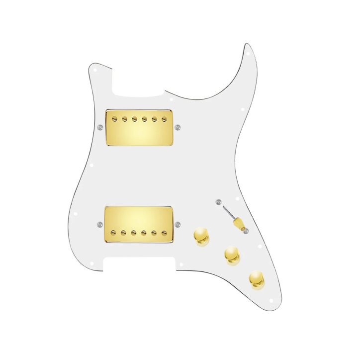 920D Custom Hipster Heaven HH Loaded Pickguard for Strat With Gold Roughneck Humbuckers, White Pickguard, and S5W-HH Wiring Harness