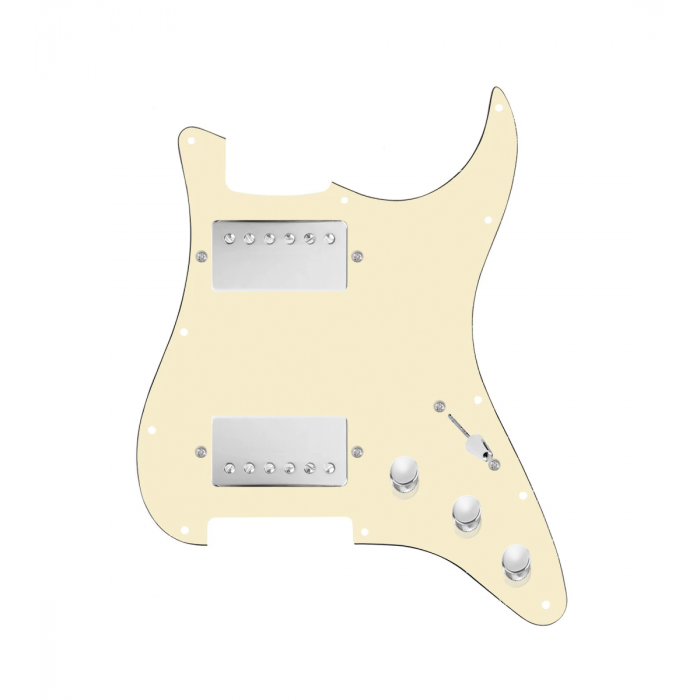 920D Custom Hipster Heaven HH Loaded Pickguard for Strat With Nickel Cool Kids Humbuckers, Aged White Pickguard, and S3W-HH Wiring Harness
