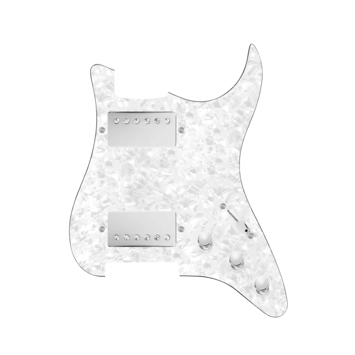 920D Custom Hipster Heaven HH Loaded Pickguard for Strat With Nickel Cool Kids Humbuckers, White Pearl Pickguard, and S3W-HH Wiring Harness